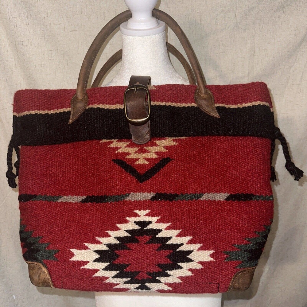 McFadin Sisters Navajo Blanket Inspired Wool Tote Bag Leather Red Texas USA